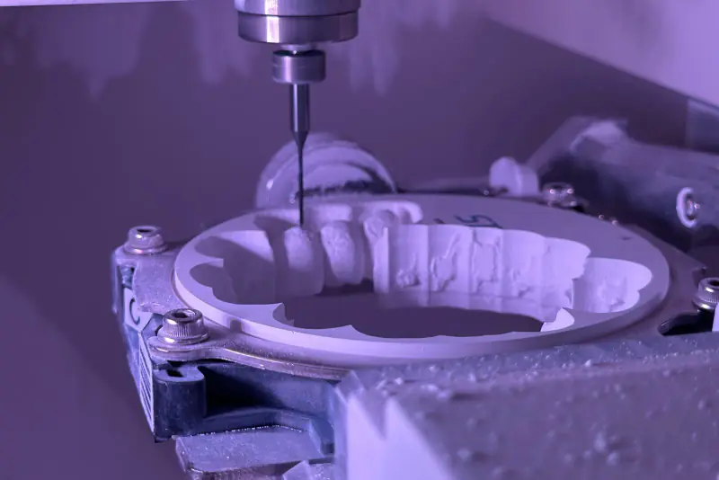 Fraiseuse de laboratoire usinant des couronnes dans un disque de céramique blanche, sous un éclairage violet