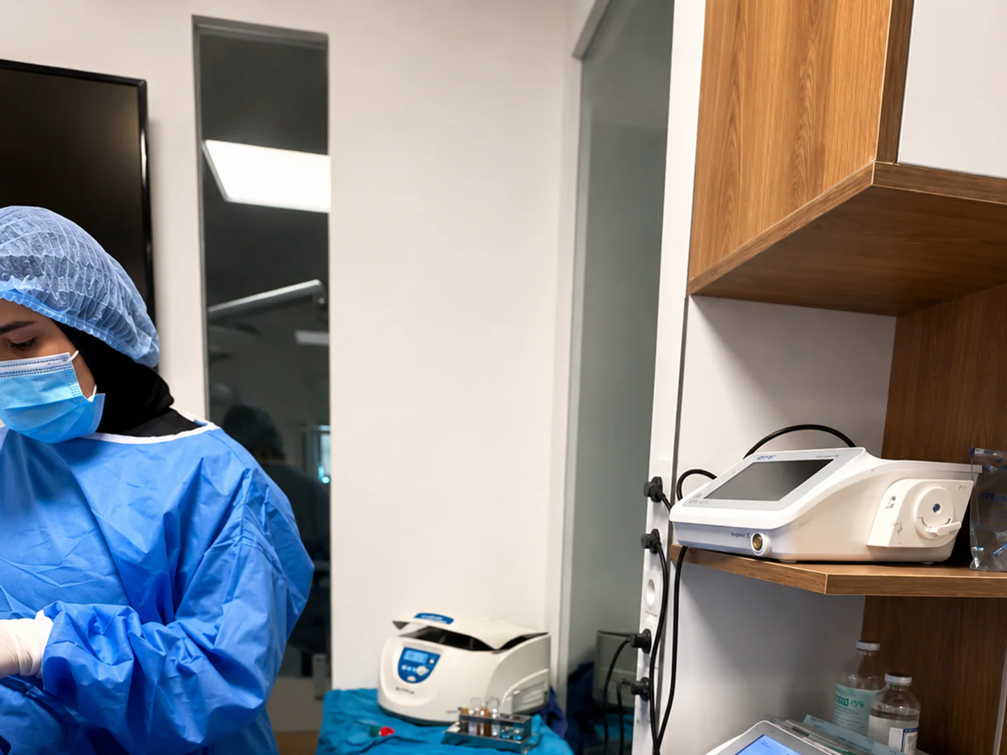 Preparación de la bandeja estéril y los equipos en el quirófano dental de la clínica