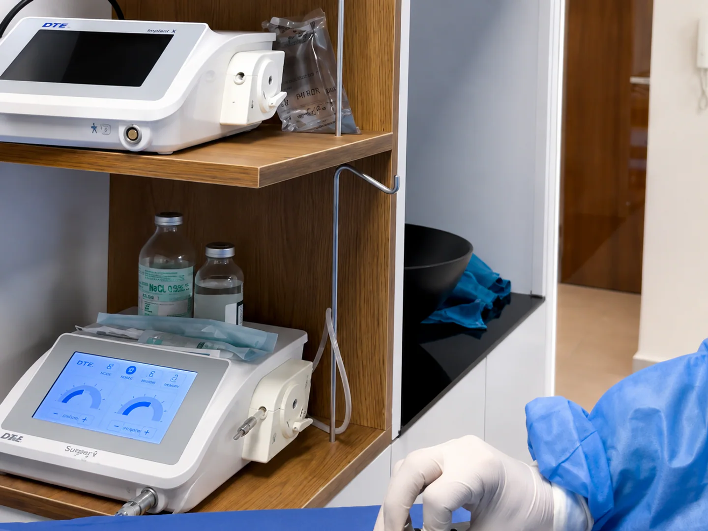 Knochenchirurgische Geräte und Instrumententablett für eine Implantatoperation vorbereitet