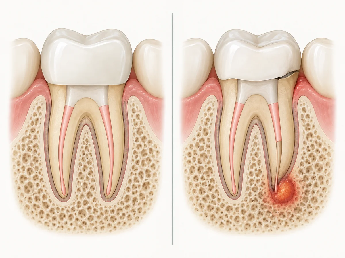Comparaison entre une dent dévitalisée saine et une dent présentant une infection locale