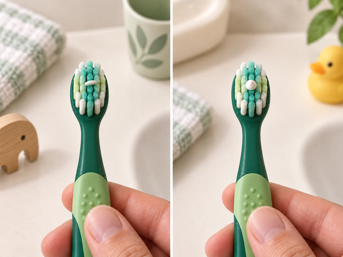 Deux brosses à dents d’enfant à la même échelle : une très fine trace de dentifrice de la taille d’un grain de riz à gauche et une petite quantité de la taille d’un pois à droite.