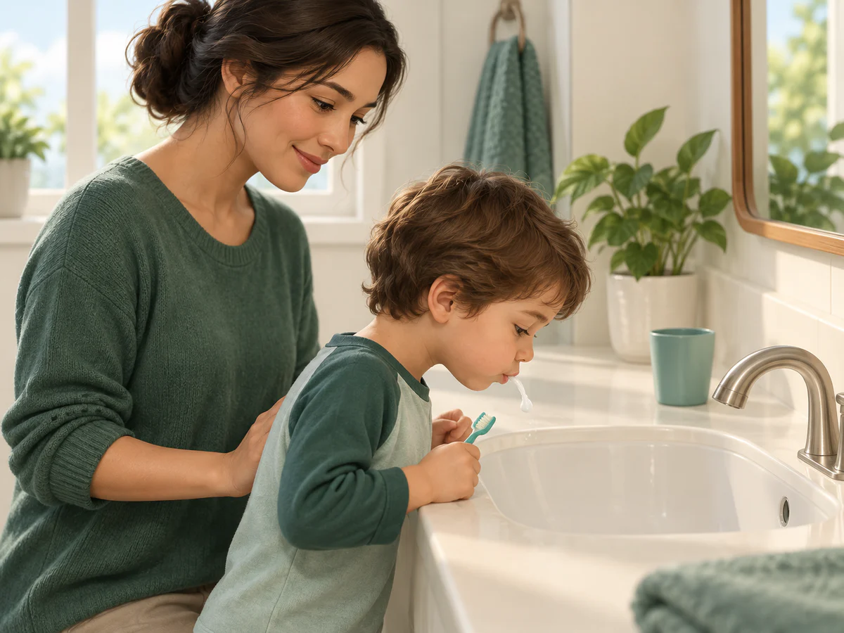Un parent supervise un jeune enfant qui recrache doucement l’excès de dentifrice dans le lavabo ; un gobelet d’eau reste inutilisé sur le côté.