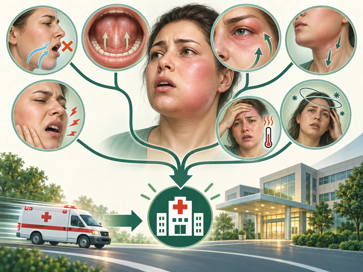 Illustration dentaire pédagogique montrant les signes d’urgence absolue d’un abcès: voies aériennes, déglutition, œil, cou, fièvre ou altération générale.