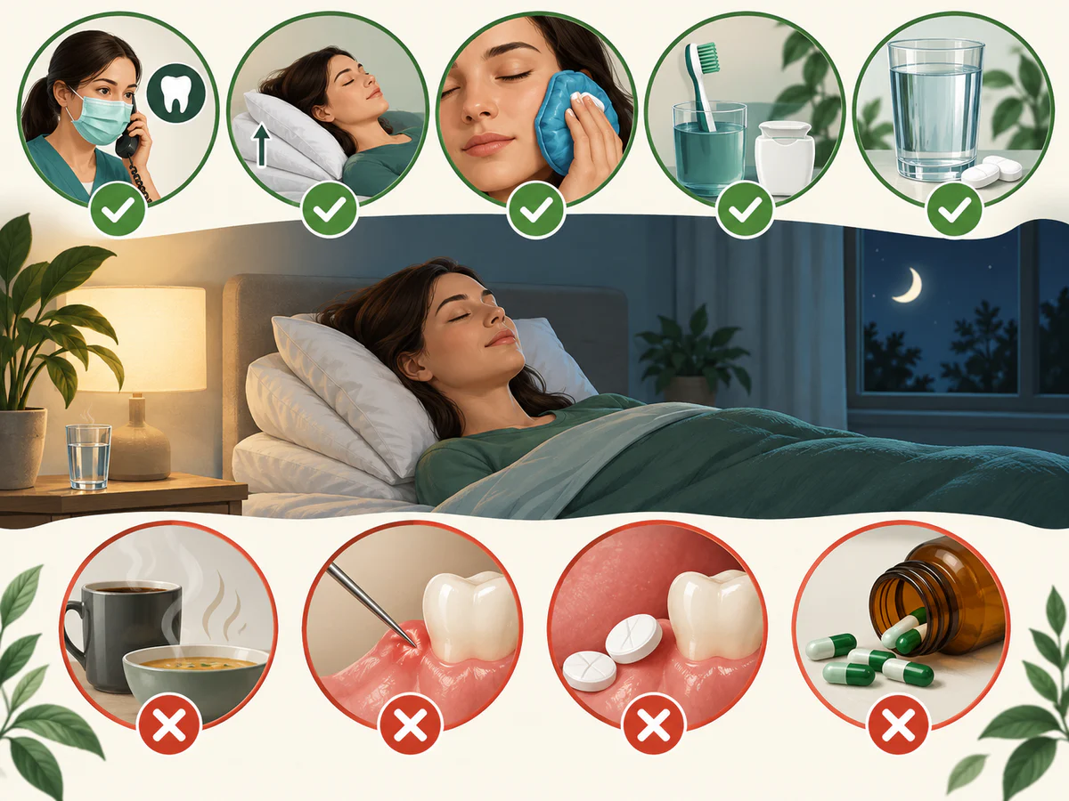 Illustration dentaire pédagogique montrant les mesures nocturnes temporaires pour réduire la douleur sans retarder le traitement causal.