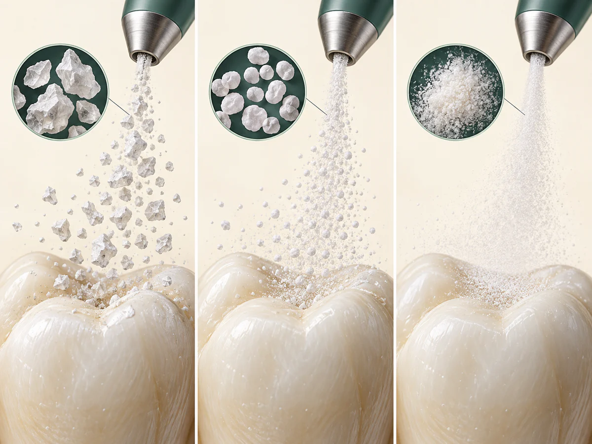 Comparaison qualitative de trois poudres d’aéropolissage : particules de bicarbonate plus grosses à gauche, glycine plus fine au centre et érythritol très fin à droite.