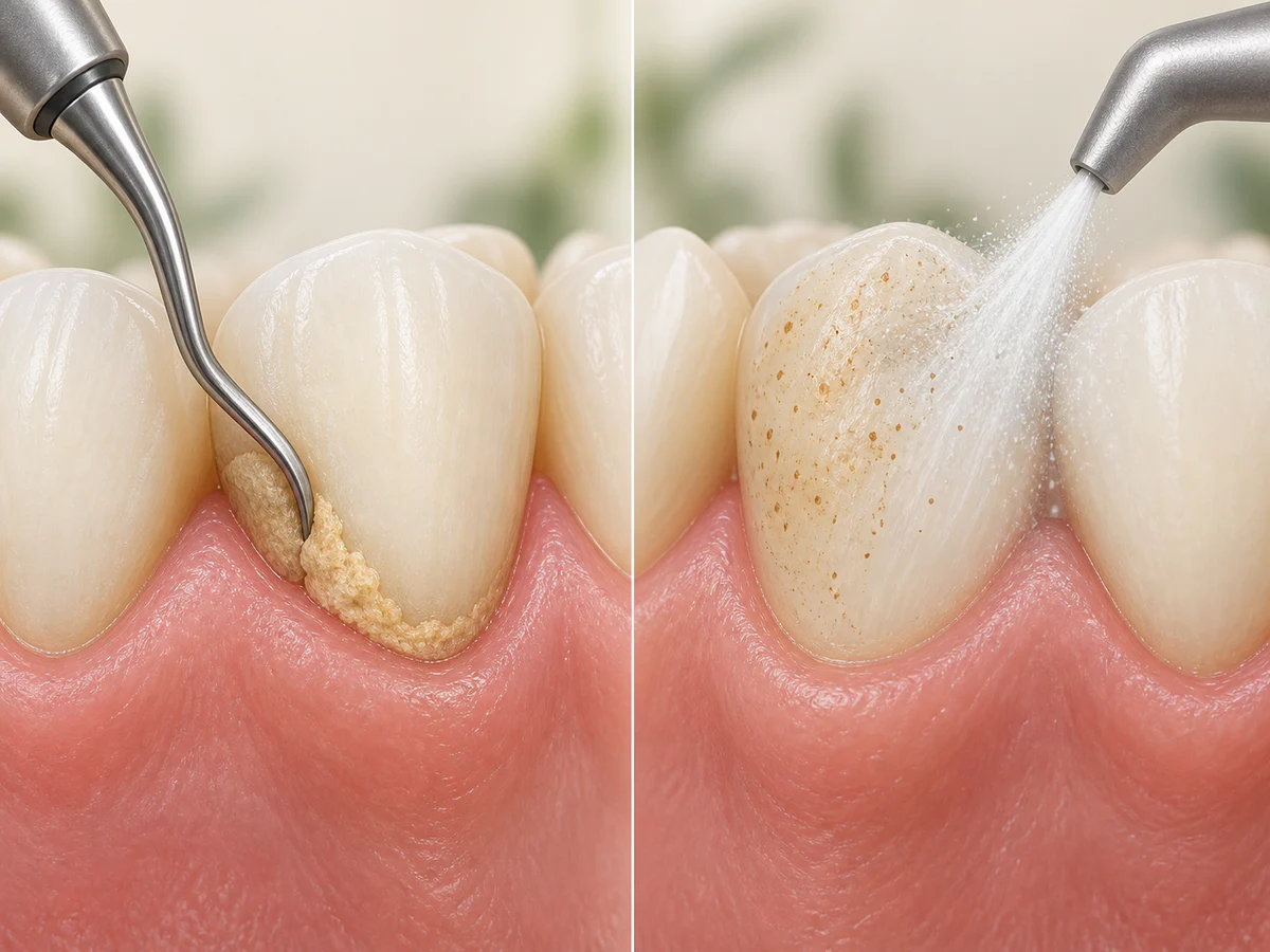 Comparaison en deux vues : un détartreur ultrasonique cible le tartre calcifié à gauche, tandis que l’aéropolissage élimine biofilm et taches à droite.