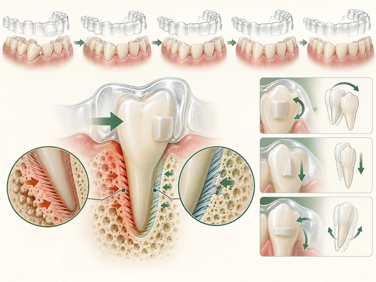 Série de gouttières rapprochant progressivement les dents de la position planifiée, avec pression dans le ligament, résorption osseuse d’un côté, formation de l’autre et taquets guidant rotations et racines.