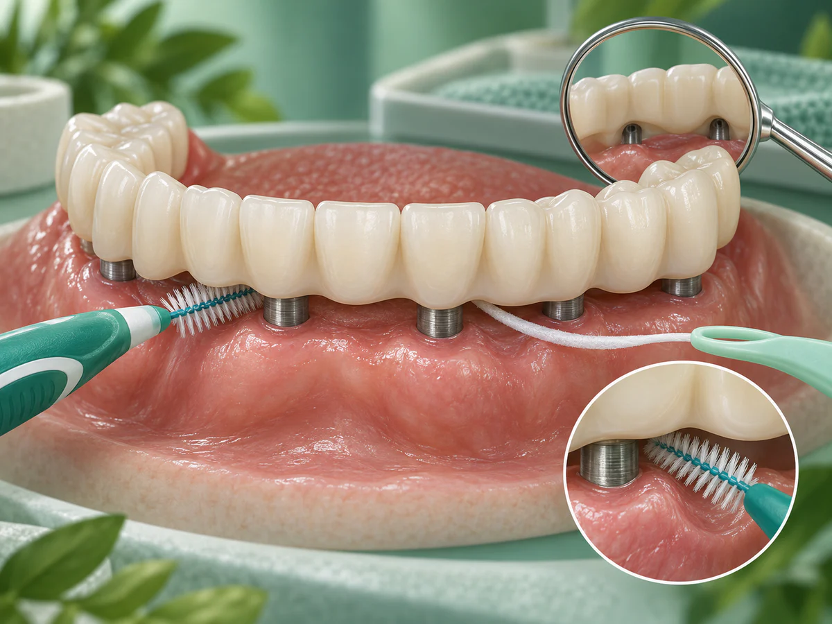 Nahansicht einer implantatgetragenen festsitzenden Vollbogenbrücke: Interdentalbürste und Spezialzahnseide reinigen unter der Prothese und um die Pfeiler.