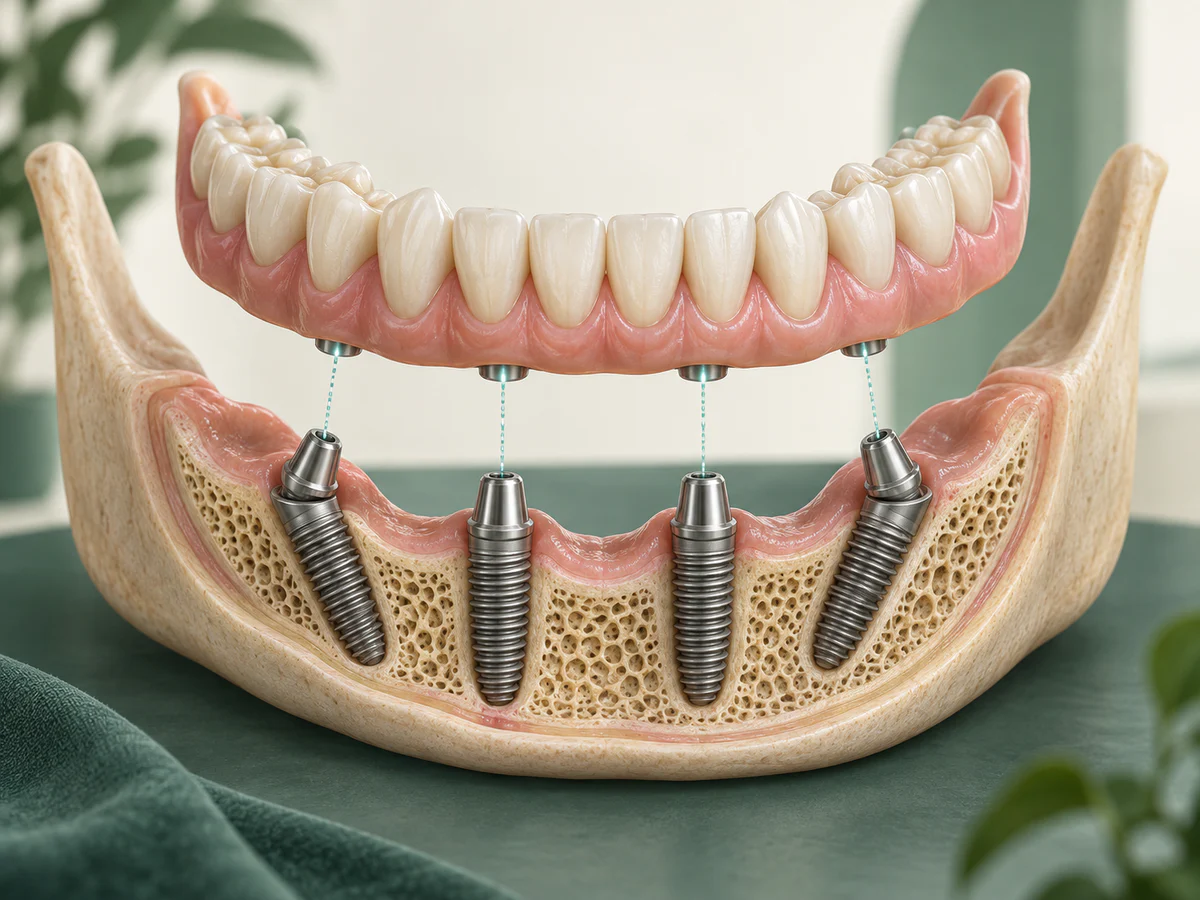 Explosionsansicht eines zahnlosen Unterkiefers: Eine festsitzende Vollbogenbrücke wird auf genau vier Implantate ausgerichtet, wobei die beiden hinteren Implantate geneigt sind.