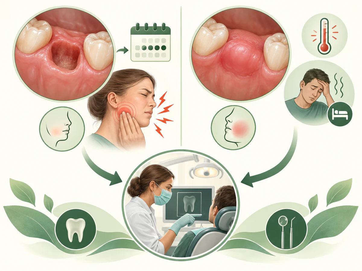 Illustration dentaire pédagogique montrant les différences entre alvéolite sèche douloureuse et infection avec signes inflammatoires généraux.