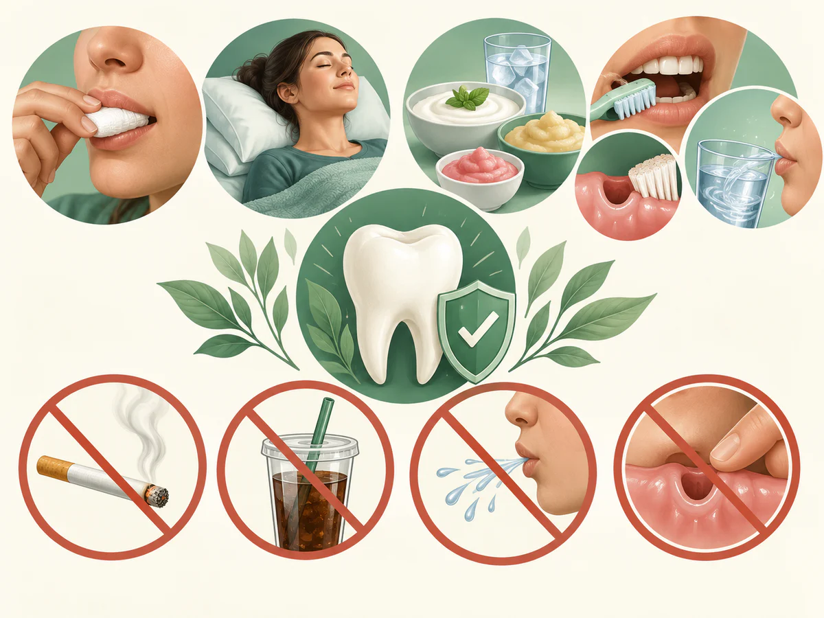 Illustration dentaire pédagogique montrant la protection du caillot après extraction par compression, repos, hygiène douce et éviction du tabac et de l’aspiration.