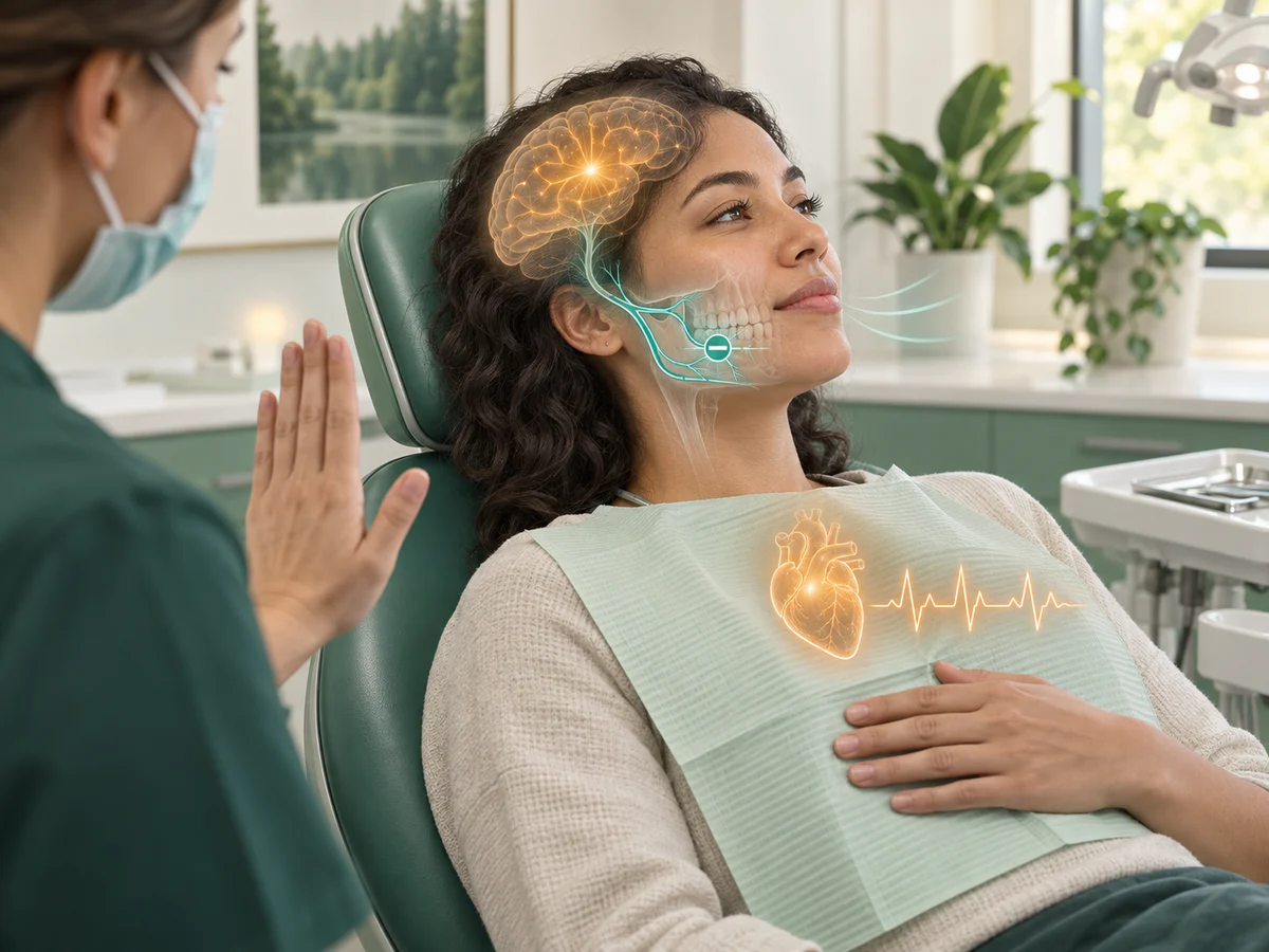 Patiente générique au fauteuil : le signal nerveux est bloqué au niveau de la mâchoire, tandis que le cerveau et le rythme cardiaque restent en alerte ; un signal de pause est convenu.