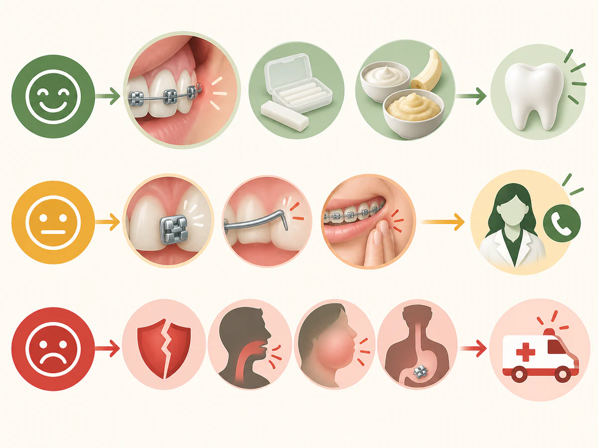 Illustration dentaire pédagogique montrant le tri entre gêne orthodontique gérable, rendez-vous rapide et urgence avec traumatisme ou gêne respiratoire.