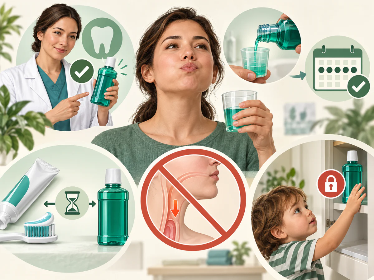 Illustration dentaire pédagogique montrant l’usage ciblé d’un bain de bouche selon indication, durée et moment du brossage.