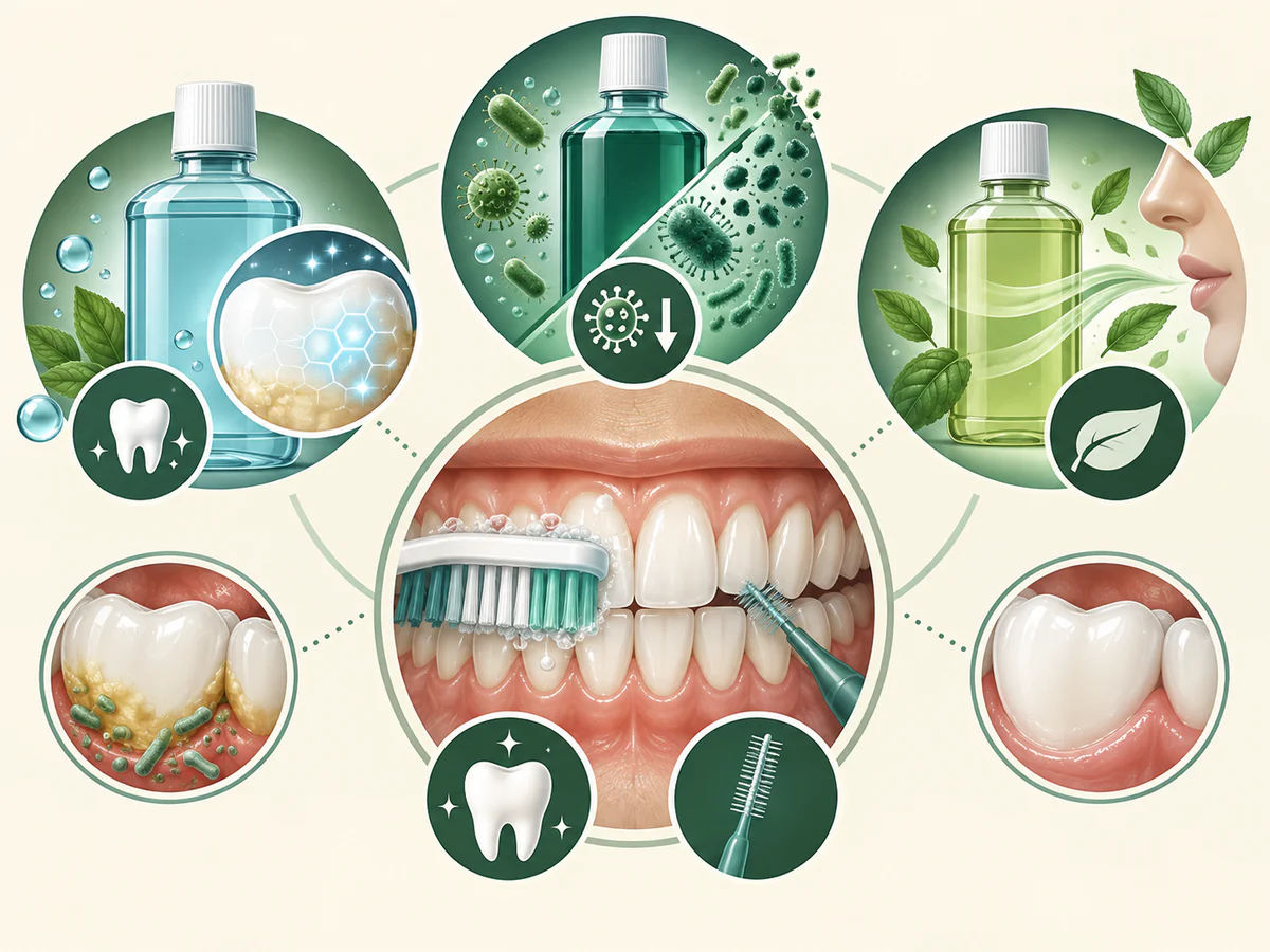 Illustration dentaire pédagogique montrant la différence entre bain fluoré, antiseptique et cosmétique et leur action limitée.