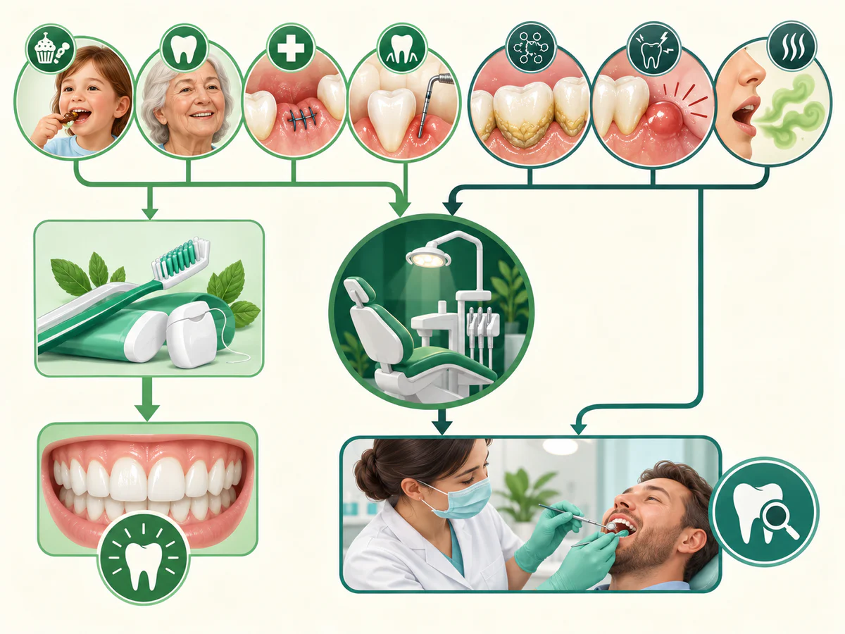 Illustration dentaire pédagogique montrant les situations où le bain de bouche complète les soins et celles où il ne remplace pas le nettoyage.