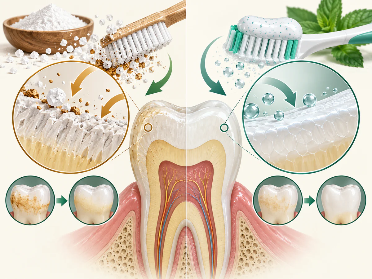 Comparaison entre frottement répété au bicarbonate qui raye et amincit la surface de l’émail et dentifrice fluoré peu abrasif qui nettoie en préservant la surface.