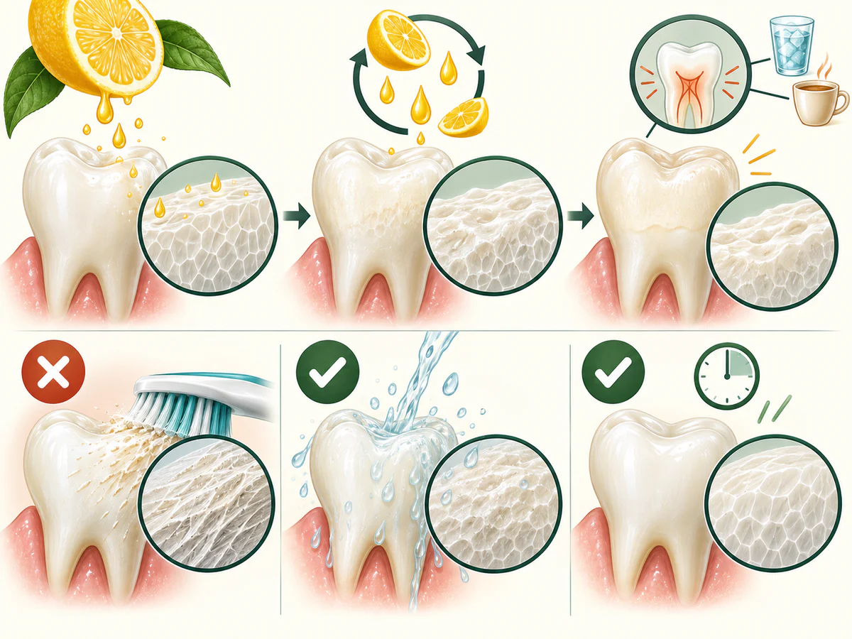 Citron acide ramollissant la surface minérale, expositions répétées amincissant l’émail, brossage immédiat ajoutant de l’usure et rinçage à l’eau suivi d’une attente protectrice.