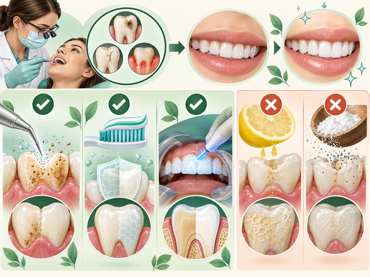 Examen avant traitement séparant taches externes, couleur interne et maladie, puis nettoyage professionnel, dentifrice fluoré ou blanchiment supervisé, face au citron et poudres abrasives.