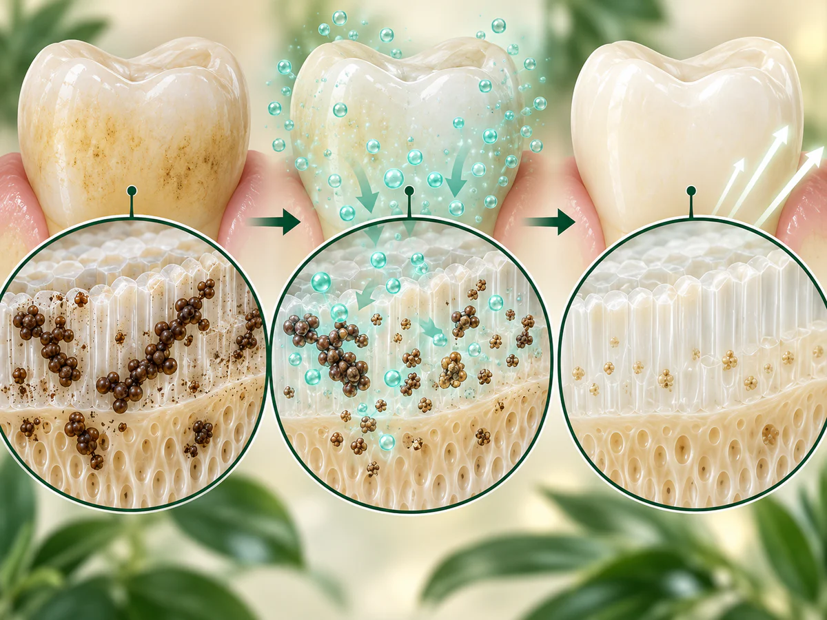 Secuencia macroscópica con pigmentos oscuros dentro del diente, su fragmentación por especies derivadas del peróxido y una estructura dental intacta que refleja más luz.