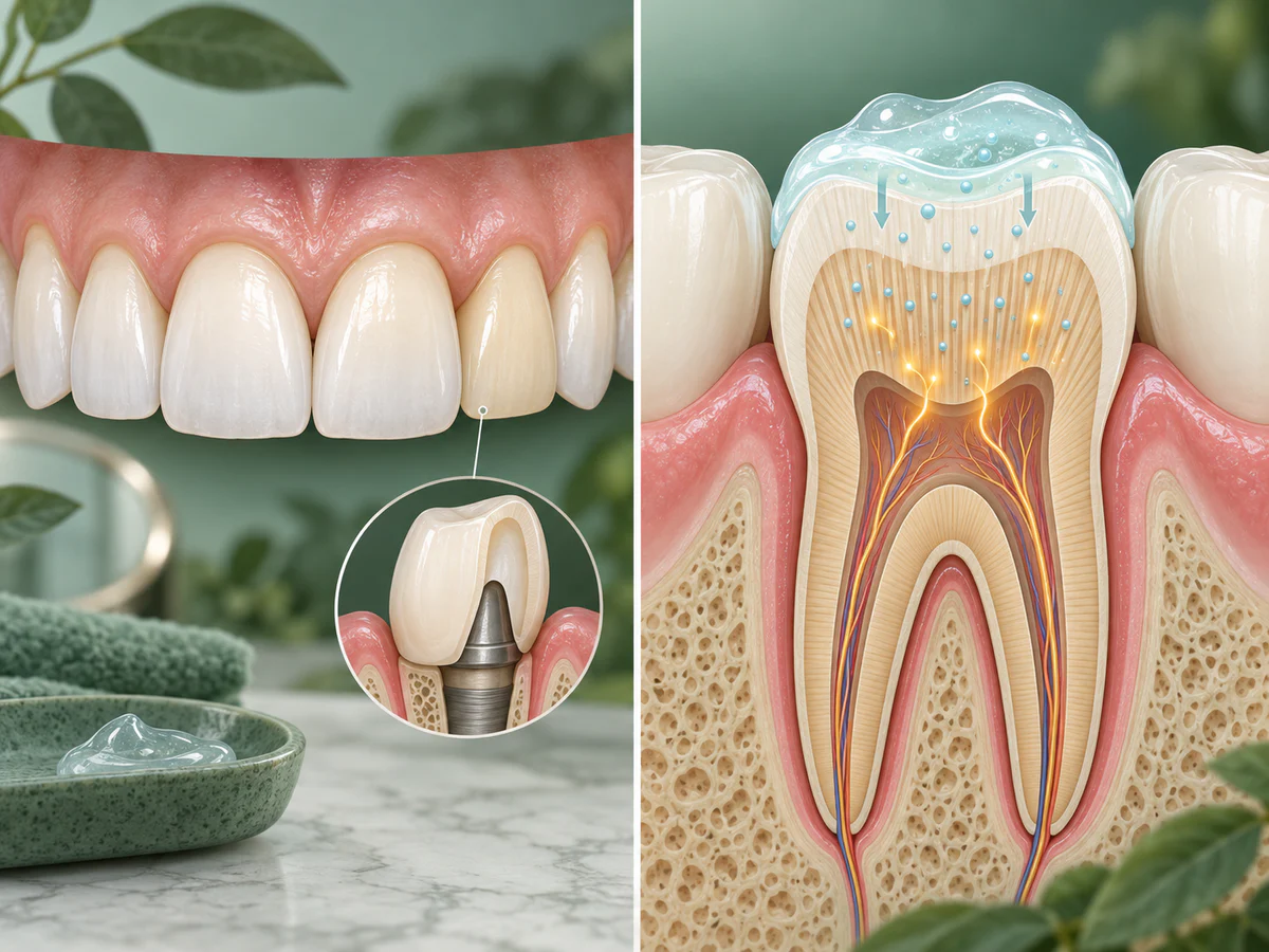 Ilustración en dos vistas: una corona conserva un tono más cálido entre dientes naturales aclarados y un corte dental muestra una señal de sensibilidad a través de los túbulos hacia la pulpa.