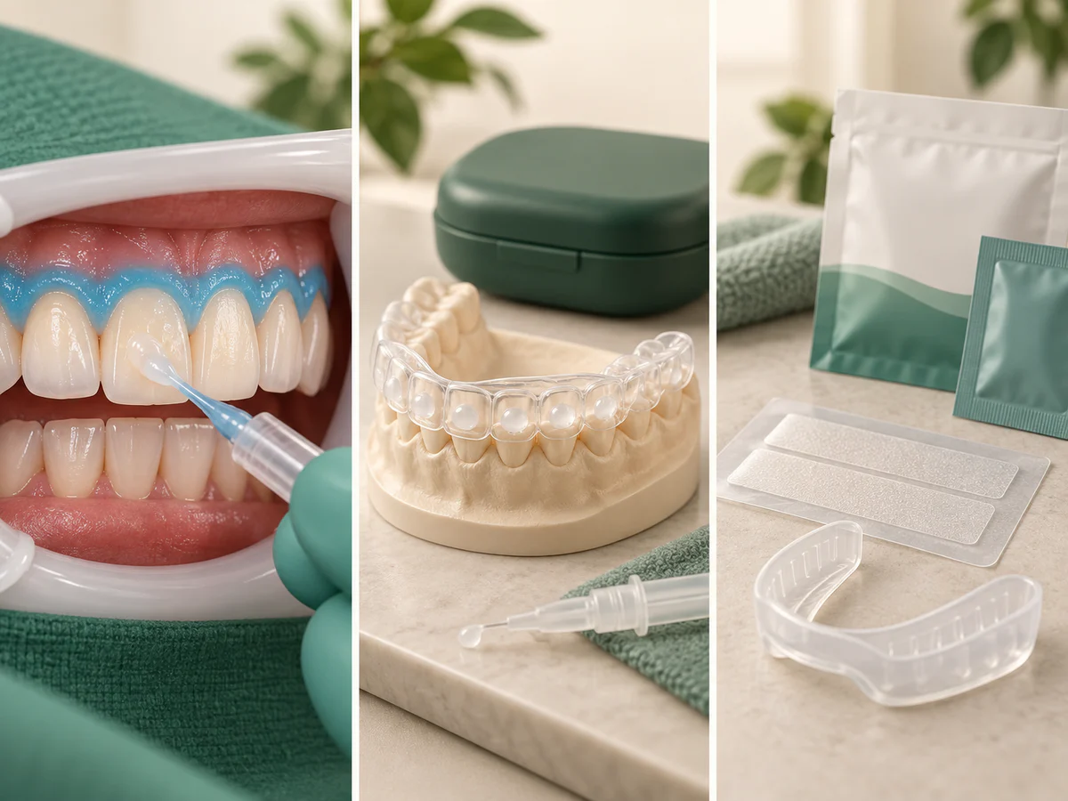 Comparación en tres vistas: aplicación en clínica con protección gingival, férula personalizada supervisada y tiras o férula estándar de venta libre.