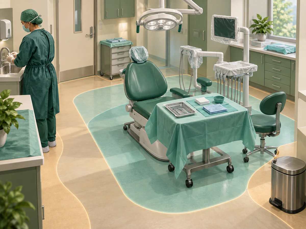 Vue d’un bloc dentaire préparé avant l’intervention : champ protégé autour du fauteuil, instruments emballés, surfaces couvertes et praticienne réalisant l’hygiène des mains.