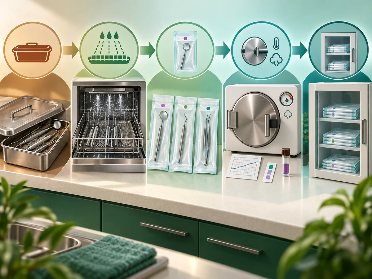 Chaîne en cinq étapes allant d’instruments contenus après usage au nettoyage, au conditionnement en sachets, à l’autoclave contrôlé puis au stockage fermé.