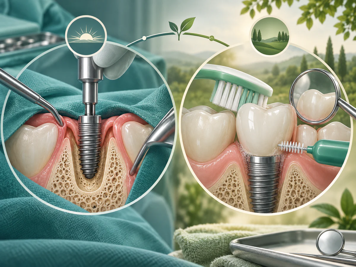 Deux temps de prévention autour d’un implant : asepsie pendant la pose à gauche, puis brossage, brossette interdentaire et contrôle d’un implant cicatrisé à droite.