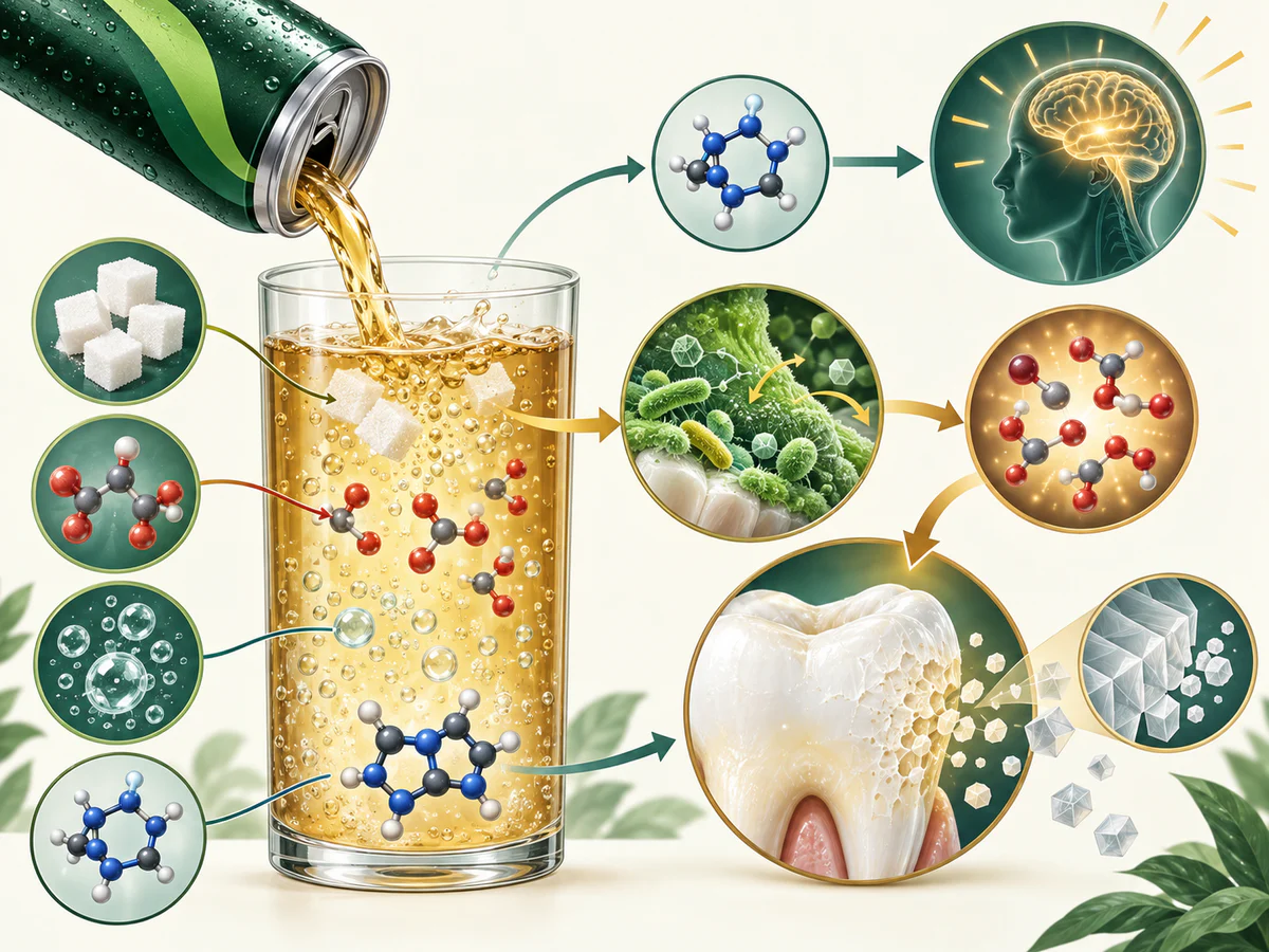 Boisson énergisante générique séparée en sucre, acides, bulles et caféine, avec sucre alimentant le biofilm, acides dissolvant les minéraux de l’émail et caféine liée à la stimulation.