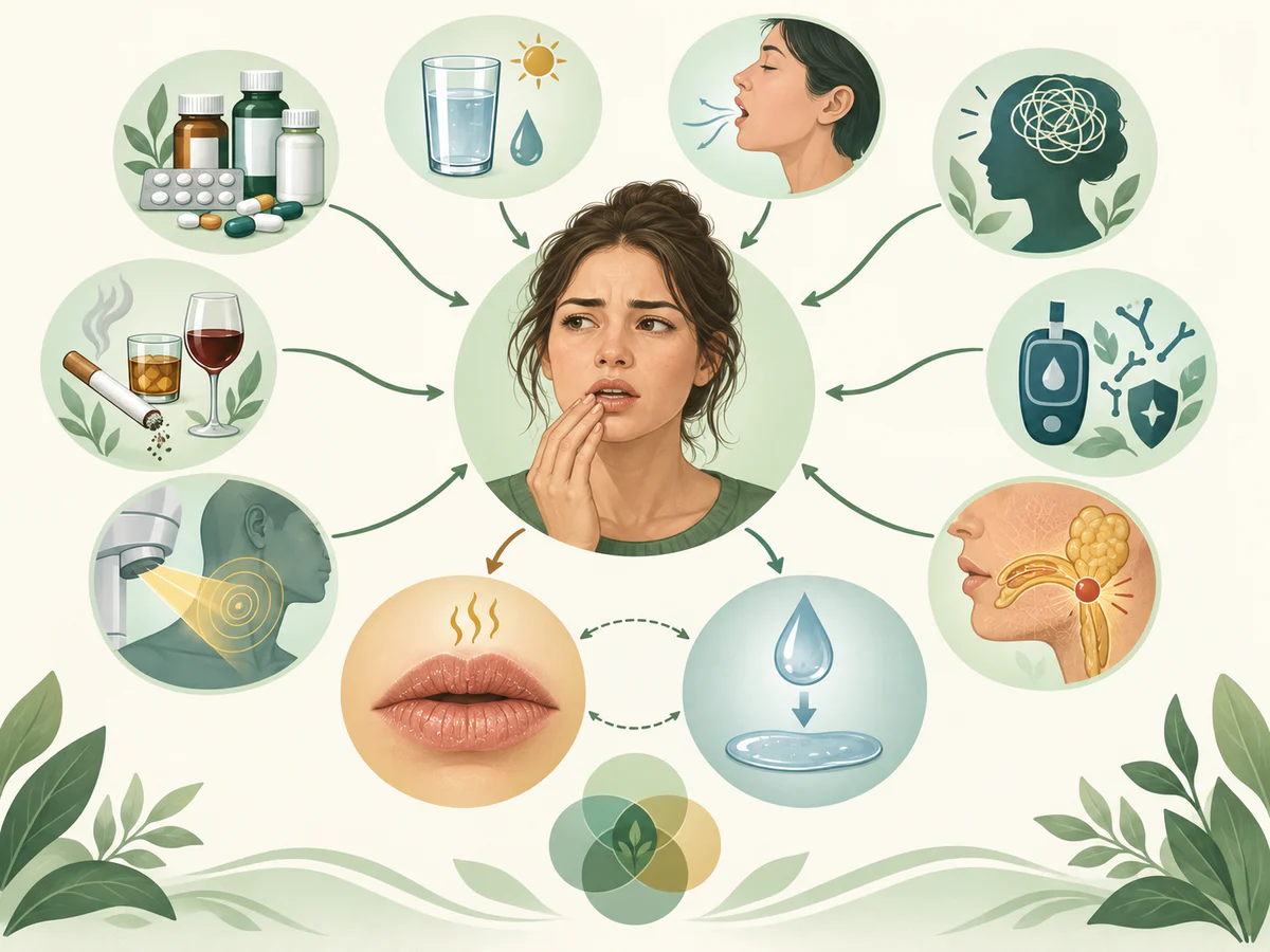 Personne avec bouche sèche entourée de médicaments, déshydratation, respiration buccale, anxiété, tabac et alcool, diabète ou auto-immunité, radiothérapie et obstruction glandulaire.