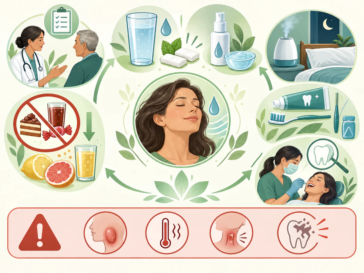 Parcours associant revue médicale, eau, chewing-gum sans sucre, substitut salivaire, humidificateur, fluor, nettoyage interdentaire et contrôle, avec alertes de gonflement, fièvre, déglutition et dents qui se dégradent.