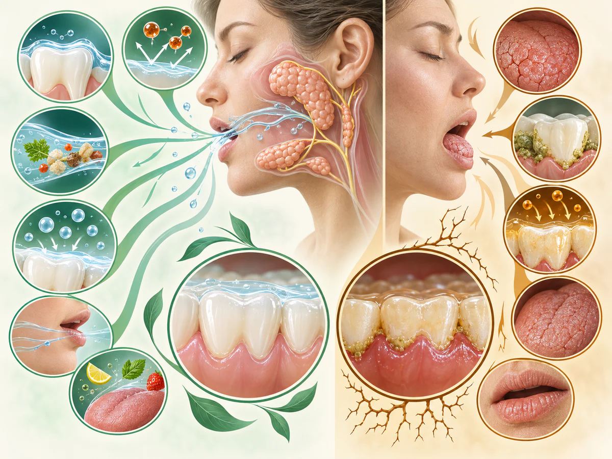 Glandes salivaires déposant un film qui lubrifie, élimine des débris, tamponne les acides et apporte des minéraux, face à une bouche sèche avec friction, plaque et attaque acide.