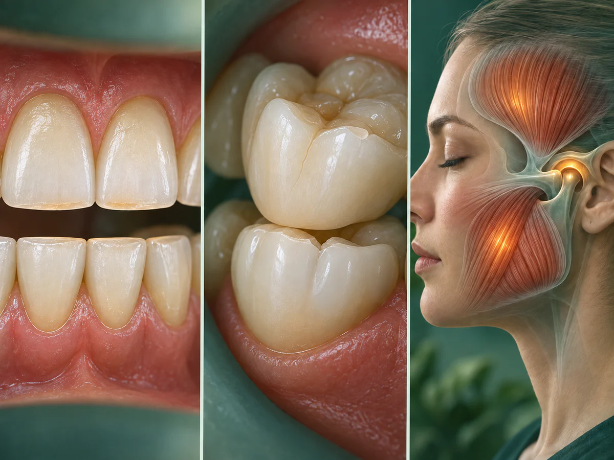 Three possible signs: moderate incisor wear facets, a fine craze and small chip on a restored molar, then tension in the masseters, temples and jaw joint.