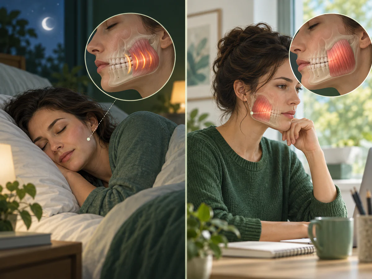 Comparison of an adult during sleep with rhythmic masseter activity and while awake with sustained clenching during a concentration task.