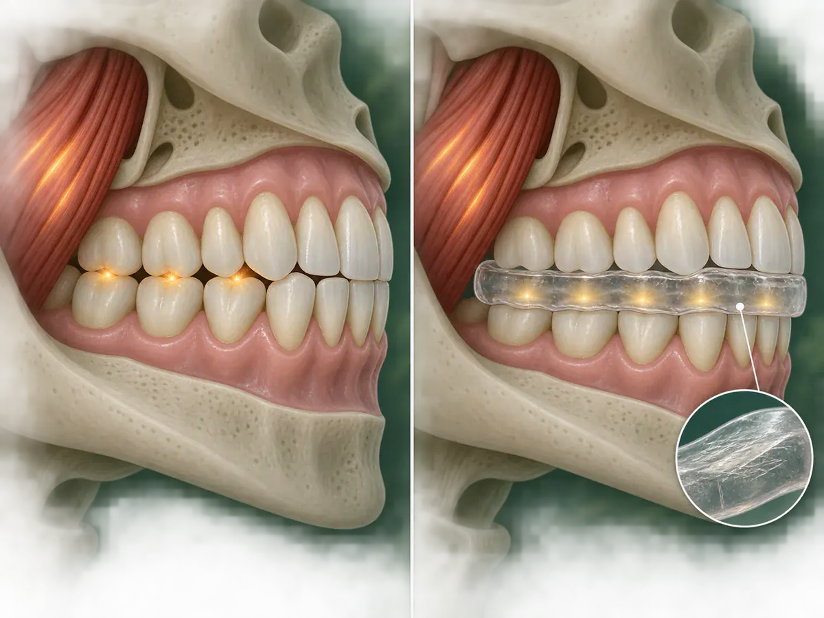 Comparative cutaway of two clenching jaws: without a splint contacts concentrate on teeth; with a clear splint they spread across resin while the masseter remains active.