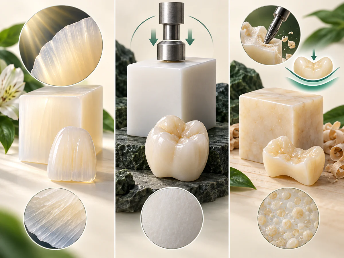 Comparaison qualitative de trois blocs et restaurations CAD/CAM : vitrocéramique translucide, zircone plus opaque sous charge et matériau hybride usinable à comportement intermédiaire.