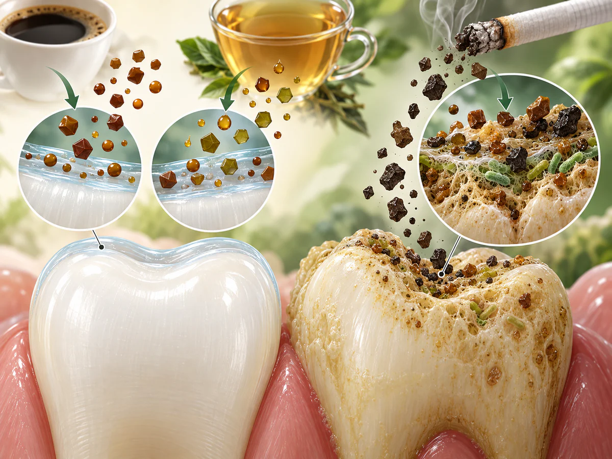 Pigments et tanins du café et du thé se fixant sur la pellicule salivaire, tandis que des particules de tabac adhèrent fortement à la plaque et aux surfaces rugueuses.