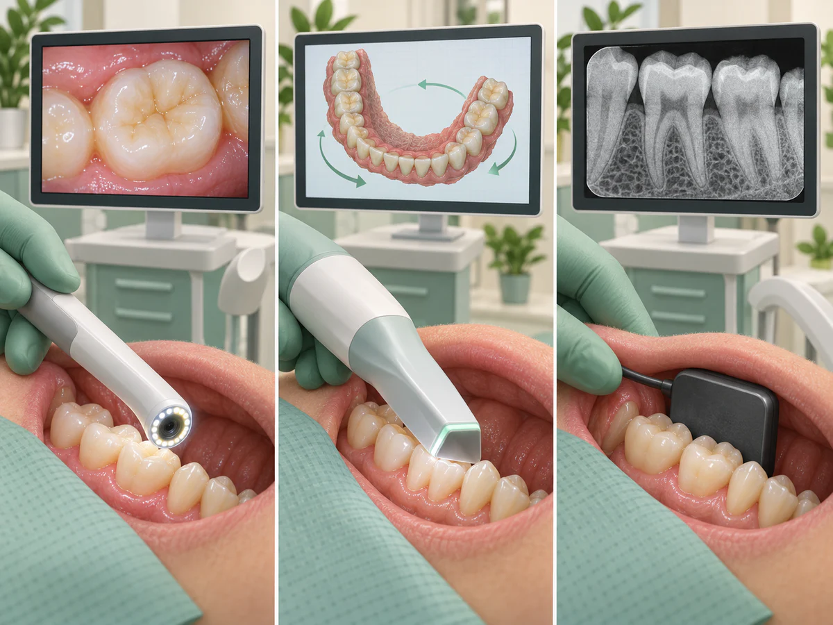 Comparaison en trois vues : une caméra produit une photo couleur des surfaces, un scanner reconstruit l’arcade en 3D et un capteur radiographique montre dents, racines et os en niveaux de gris.