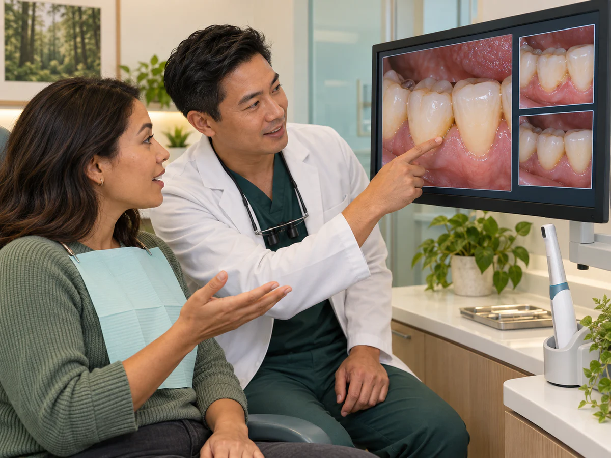 Scène générique où une patiente et un dentiste examinent ensemble sur écran une image agrandie de molaire et comparent deux clichés du même site pris à des visites différentes.