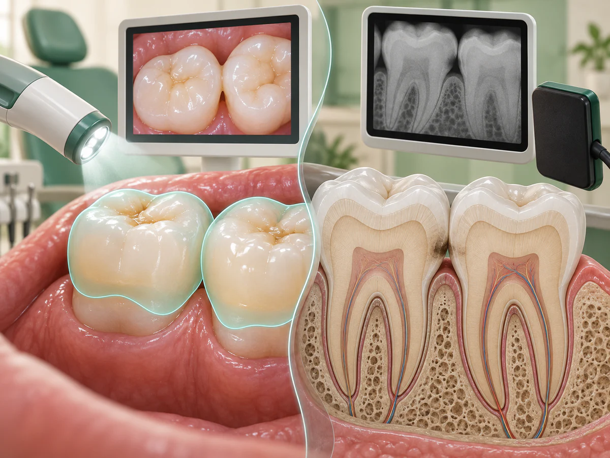 Comparaison d’une vue couleur nette des surfaces de deux molaires avec une coupe et une radiographie révélant entre les dents une petite lésion cachée ainsi que les racines et l’os.