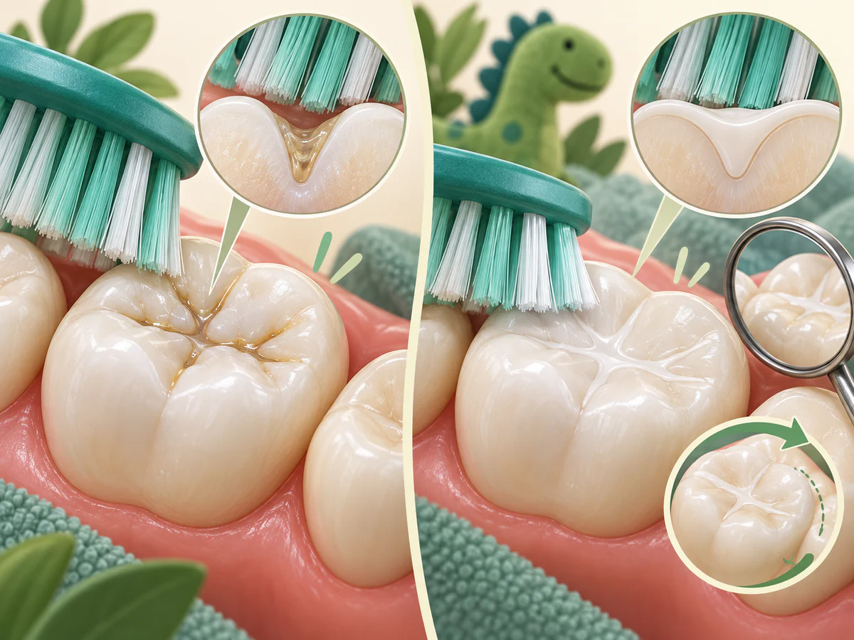 Vergleich eines jungen bleibenden Molaren: Tiefe Fissuren halten links einen dünnen Biofilm außerhalb der Borstenreichweite; rechts füllt Versiegelungskunststoff die Fissuren und erleichtert die Reinigung.