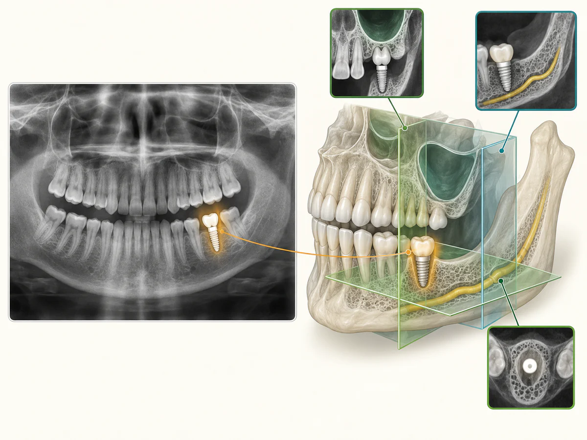 Comparaison de la même région dentaire : le panoramique 2D superpose les mâchoires sur un plan, tandis que le volume CBCT et ses coupes montrent la profondeur, le sinus et le canal nerveux.