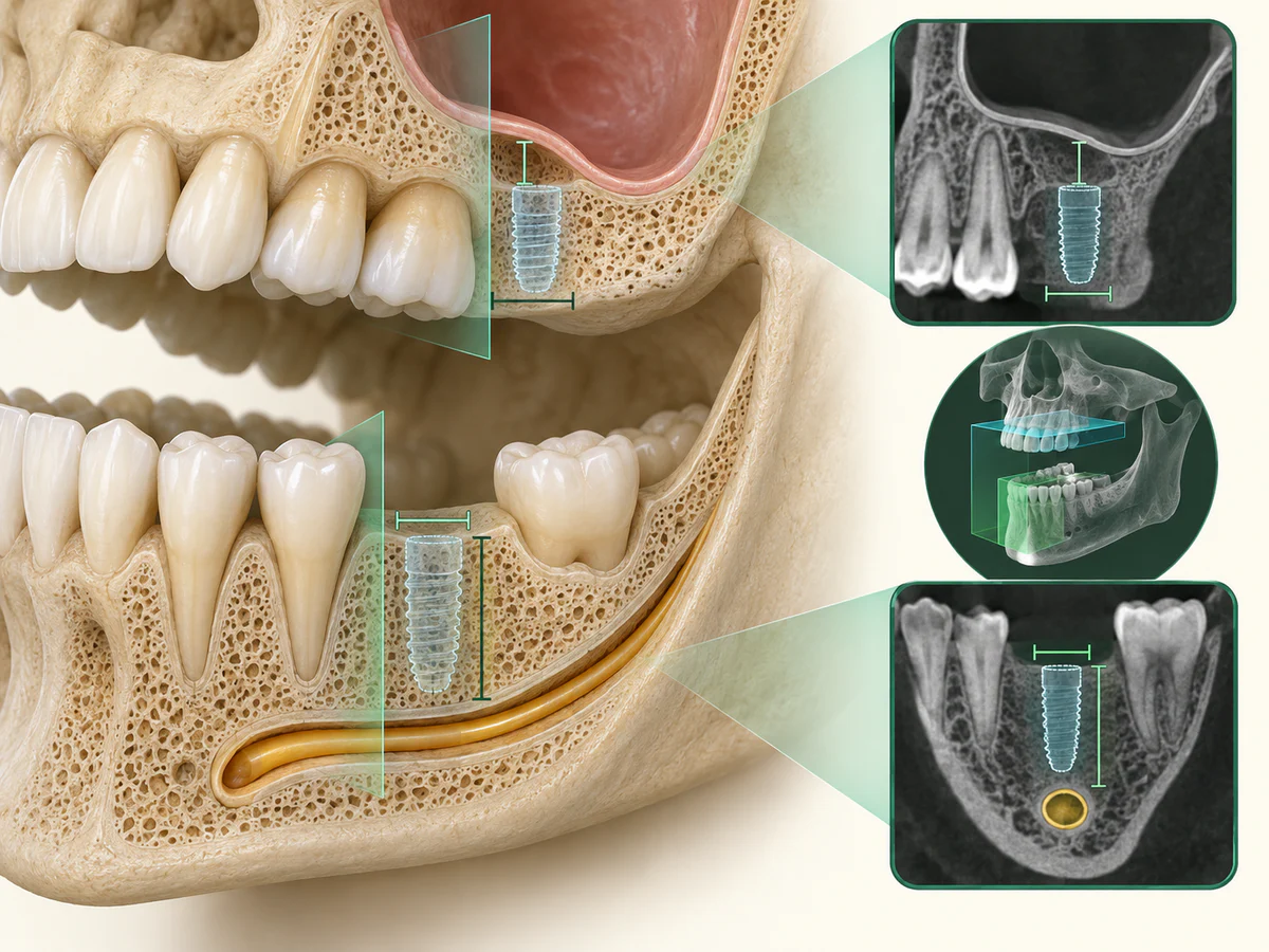 Coupes CBCT de deux sites implantaires : en bas l’implant virtuel est mesuré au-dessus du canal nerveux, et en haut sa hauteur disponible est limitée par le plancher du sinus.