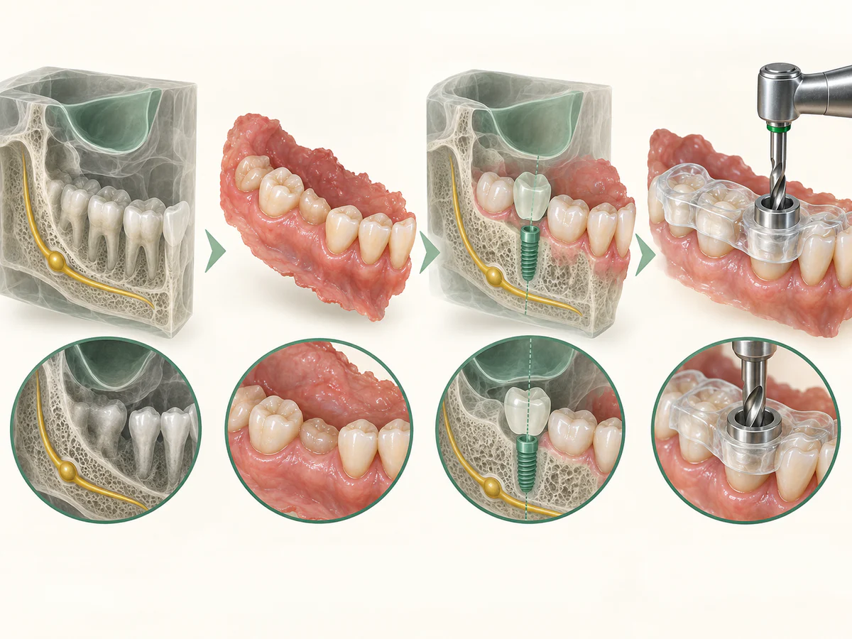 Flux guidé en quatre vues : volume CBCT de l’os, empreinte numérique des surfaces, superposition avec couronne et implant virtuels, puis guide en résine dont la douille oriente le foret.