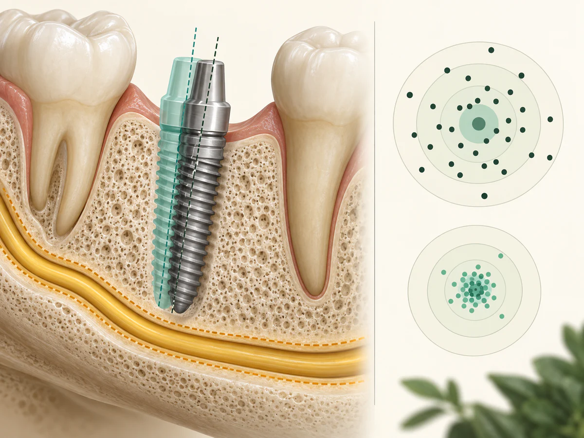 Coupe d’un implant réel légèrement décalé par rapport à son axe virtuel mais séparé du nerf par une marge, avec nuages de points plus dispersés à main levée et plus serrés avec guide.
