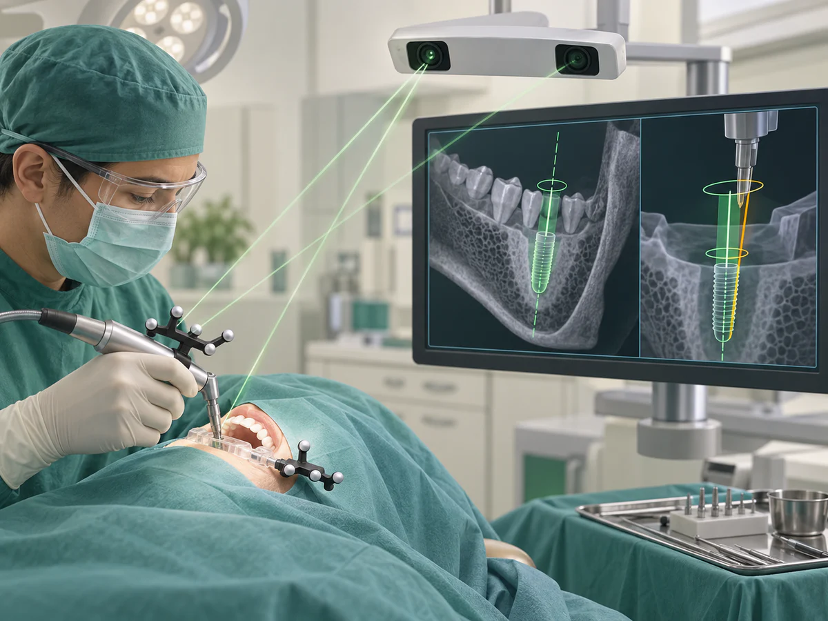 Une caméra optique suit les repères du contre-angle et de la bouche pendant que l’écran superpose en direct l’axe du foret au plan implantaire et aux coupes CBCT.