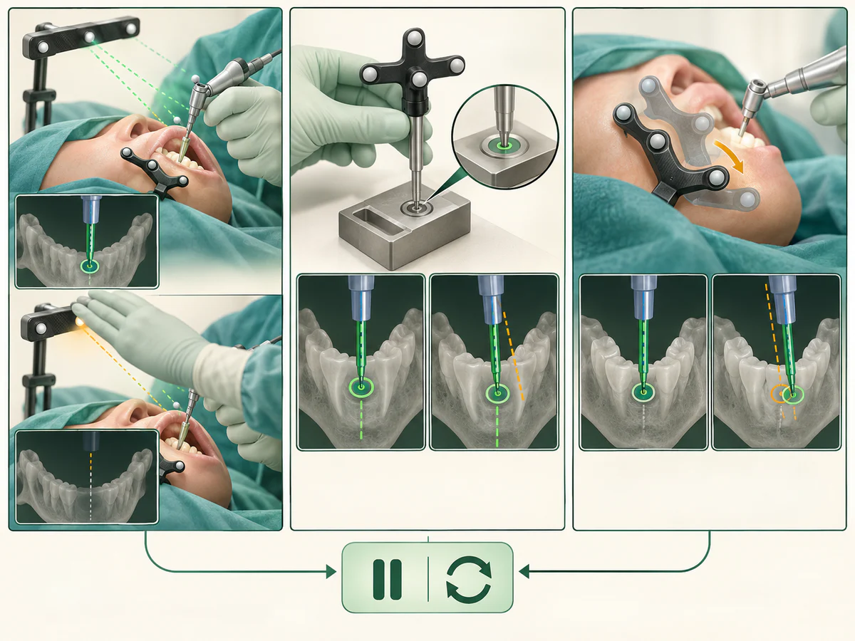 Trois limites techniques : une main masque la ligne de visée de la caméra, un outil contrôle la calibration sur un repère connu, puis un marqueur buccal déplacé décale l’axe affiché.