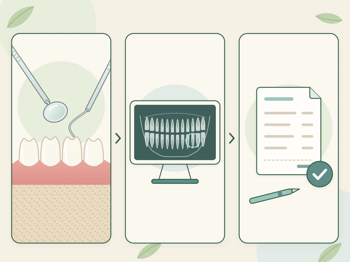 Trois panneaux : examen des dents au miroir et à la sonde, radiographie panoramique simplifiée à l'écran, puis feuille de plan de traitement validée d'une coche.