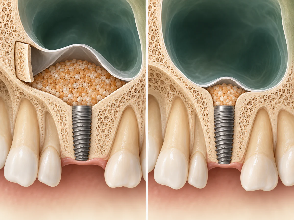 Anatomischer Vergleich: Ein laterales Fenster erschließt einen größeren Transplantatraum unter der angehobenen Membran; der krestale Zugang führt durch die Implantatstelle für eine geringere Anhebung.
